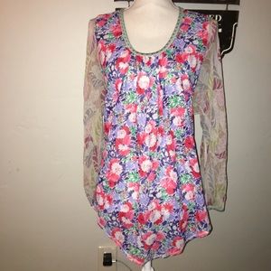 Gregory Parkinson Floral Front, Sheer Sleeve Sz M
